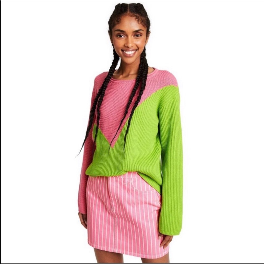 Victor Glemaud Pink and Green Colorblock Knit Sweater